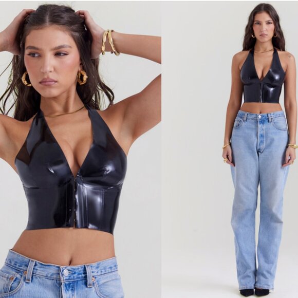 House of CB 'Ariadne' Black Latex Halter Top NWT - Picture 1 of 8